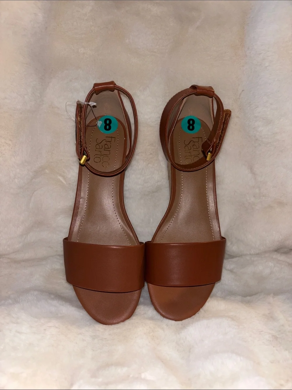 Franco Sarto Brown Cork Wedge Sandals with Ankle Strap